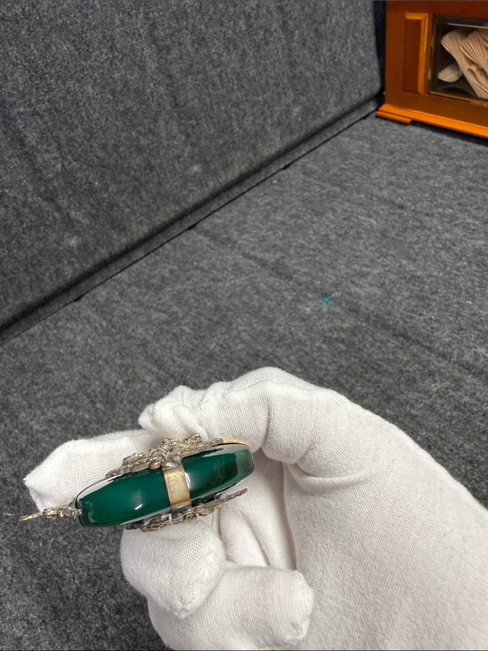 Antique, vintage, Green Jade-Style Buddha Brooch with Silver-Toned Accents - Picture 8 of 11